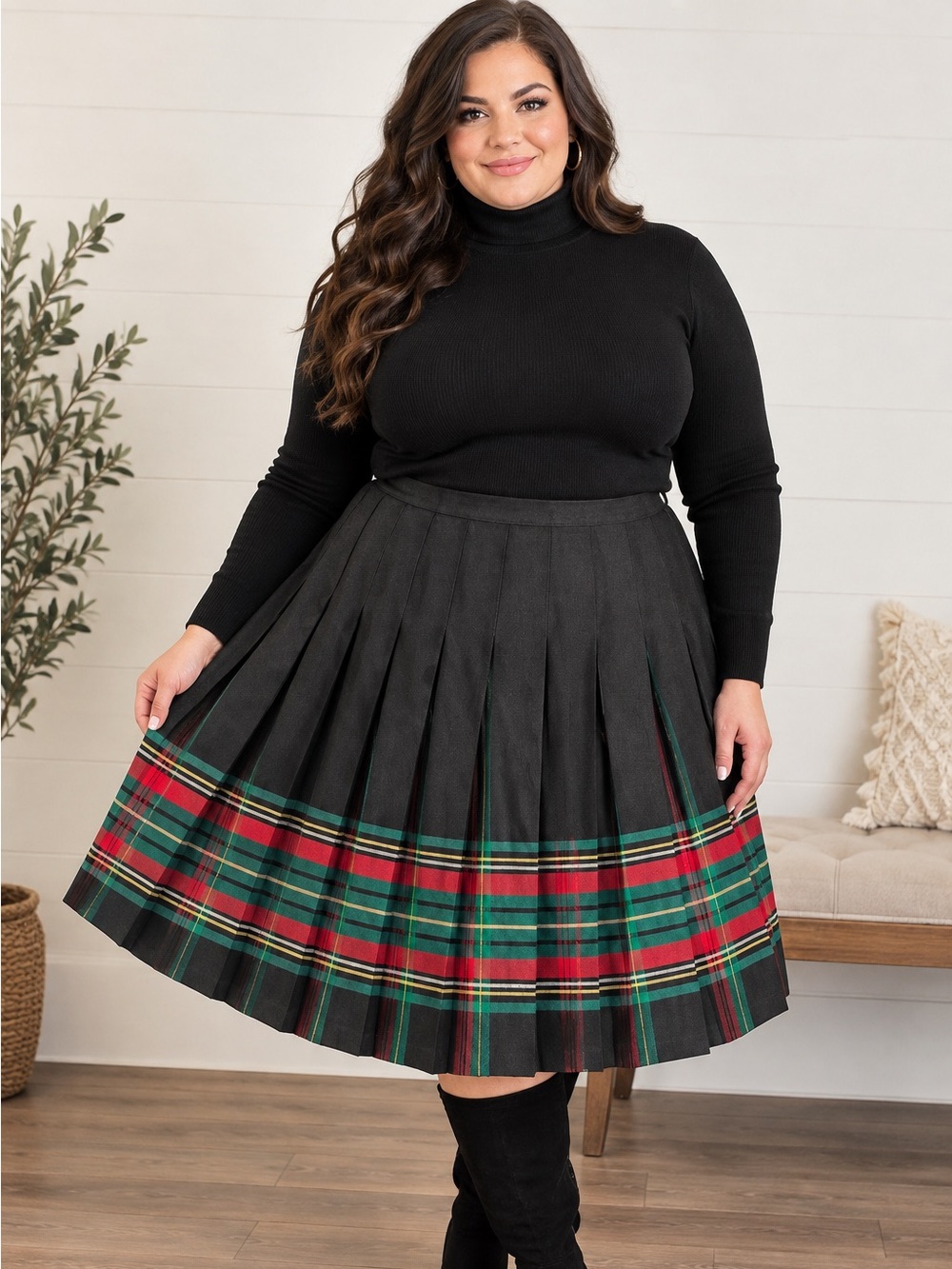 Vintage Pendleton Black Pleated Skirt with Red and Green Tartan - Picture 10 of 10